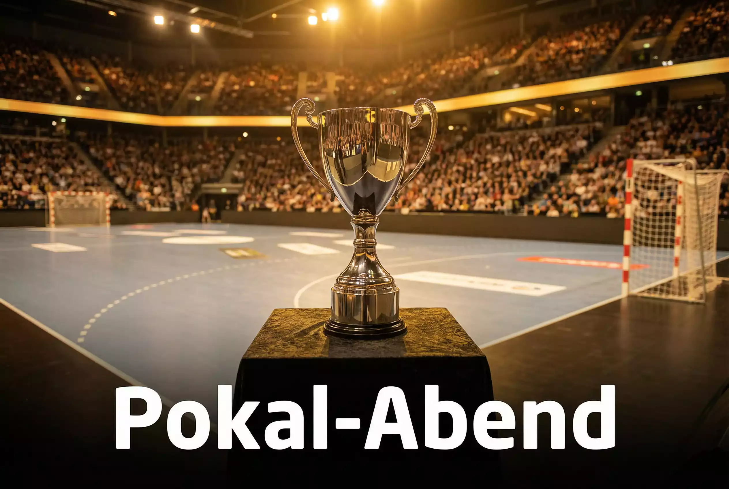 DHB-Pokal Wetten – Pokal-Trophäe auf einem Podest am Spielfeldrand einer vollen Handball-Arena