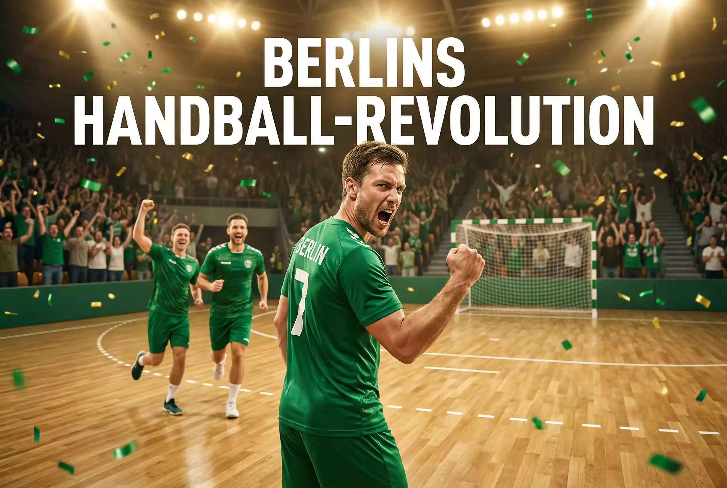 Füchse Berlin Wetten – Handballer im grünen Trikot feiert einen Treffer in der Max-Schmeling-Halle