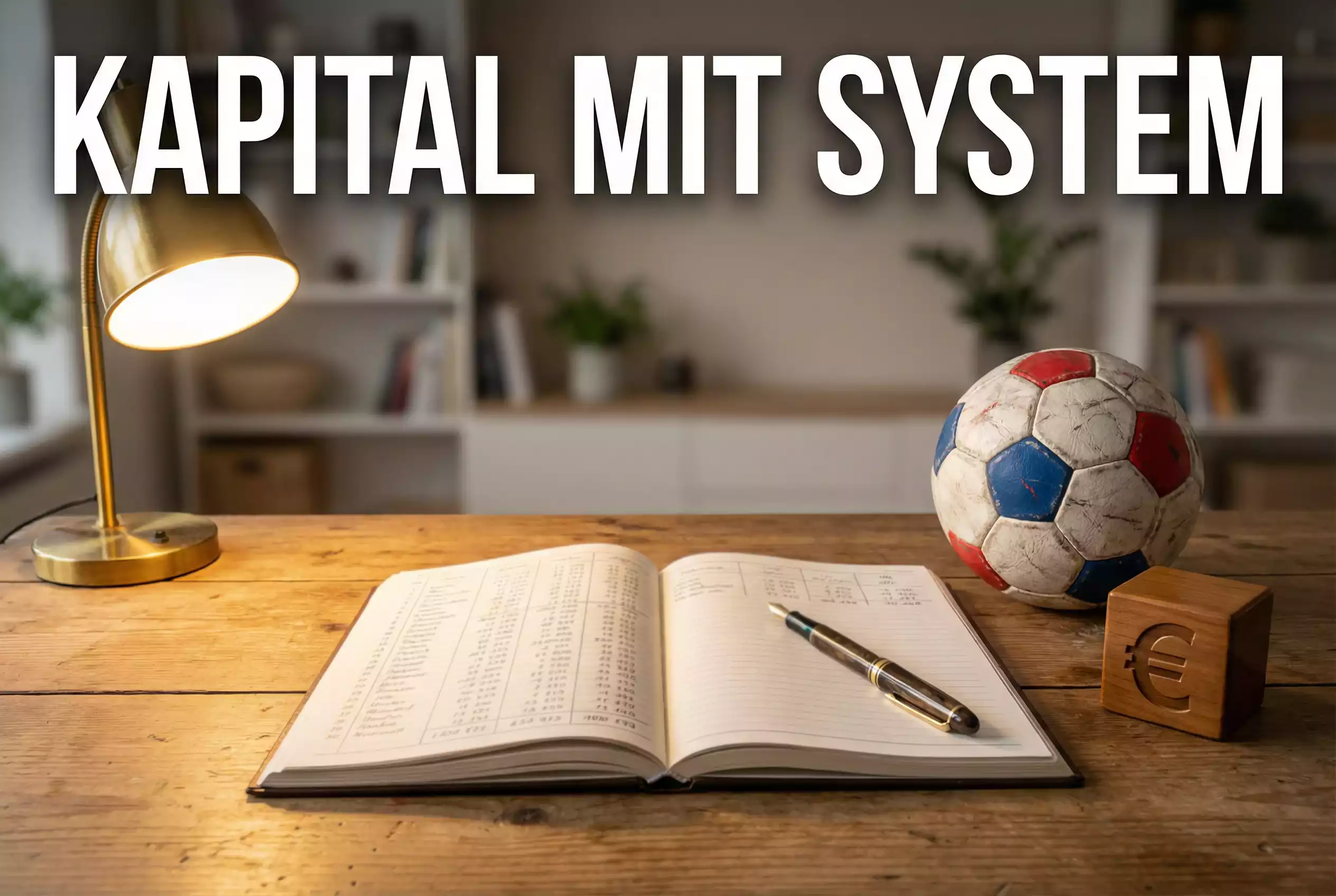 Handball Bankroll Management – geordneter Schreibtisch mit Notizbuch, Stift und einem symbolischen €-Zeichen neben einem Handball