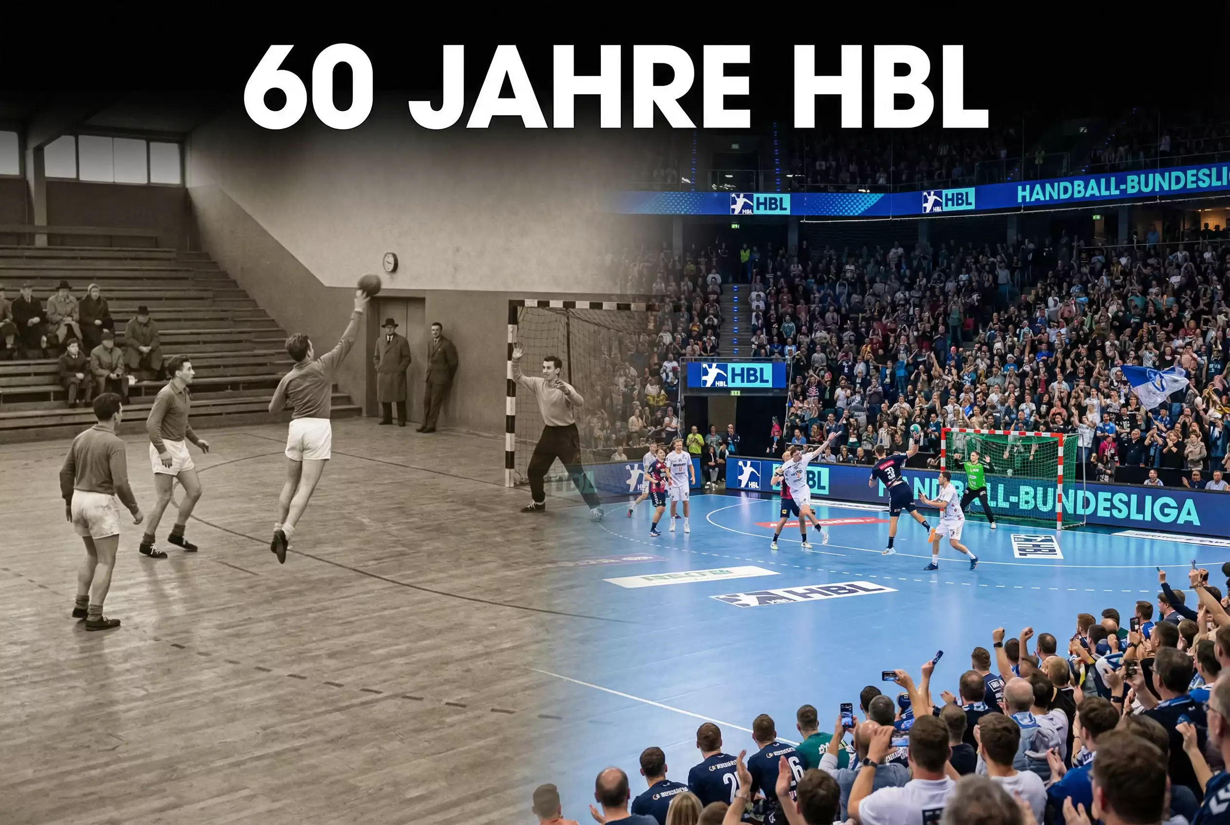 Handball Bundesliga Geschichte – historische Handball-Halle mit Schwarz-Weiß-Optik und modernem Farbakzent