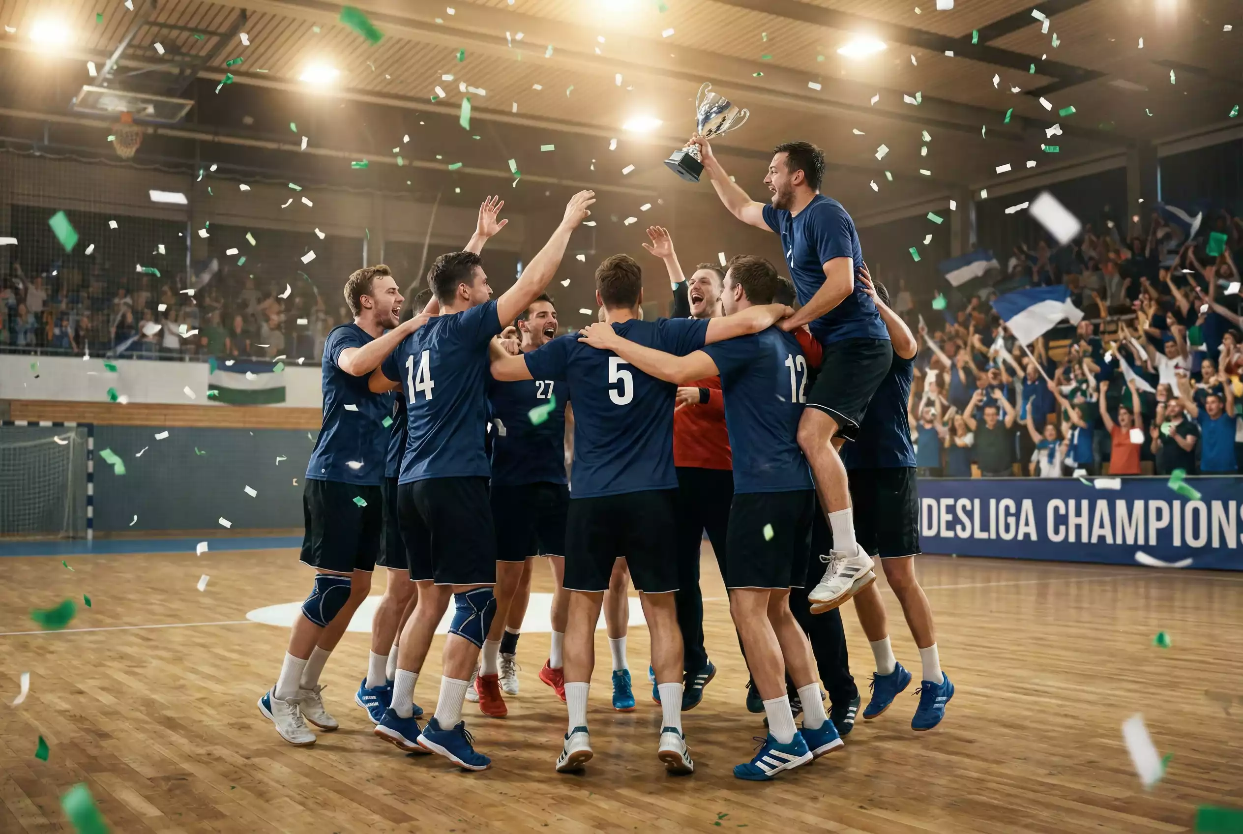 Handball-Bundesliga Meisterschaft — Mannschaft feiert Titelgewinn mit Pokal