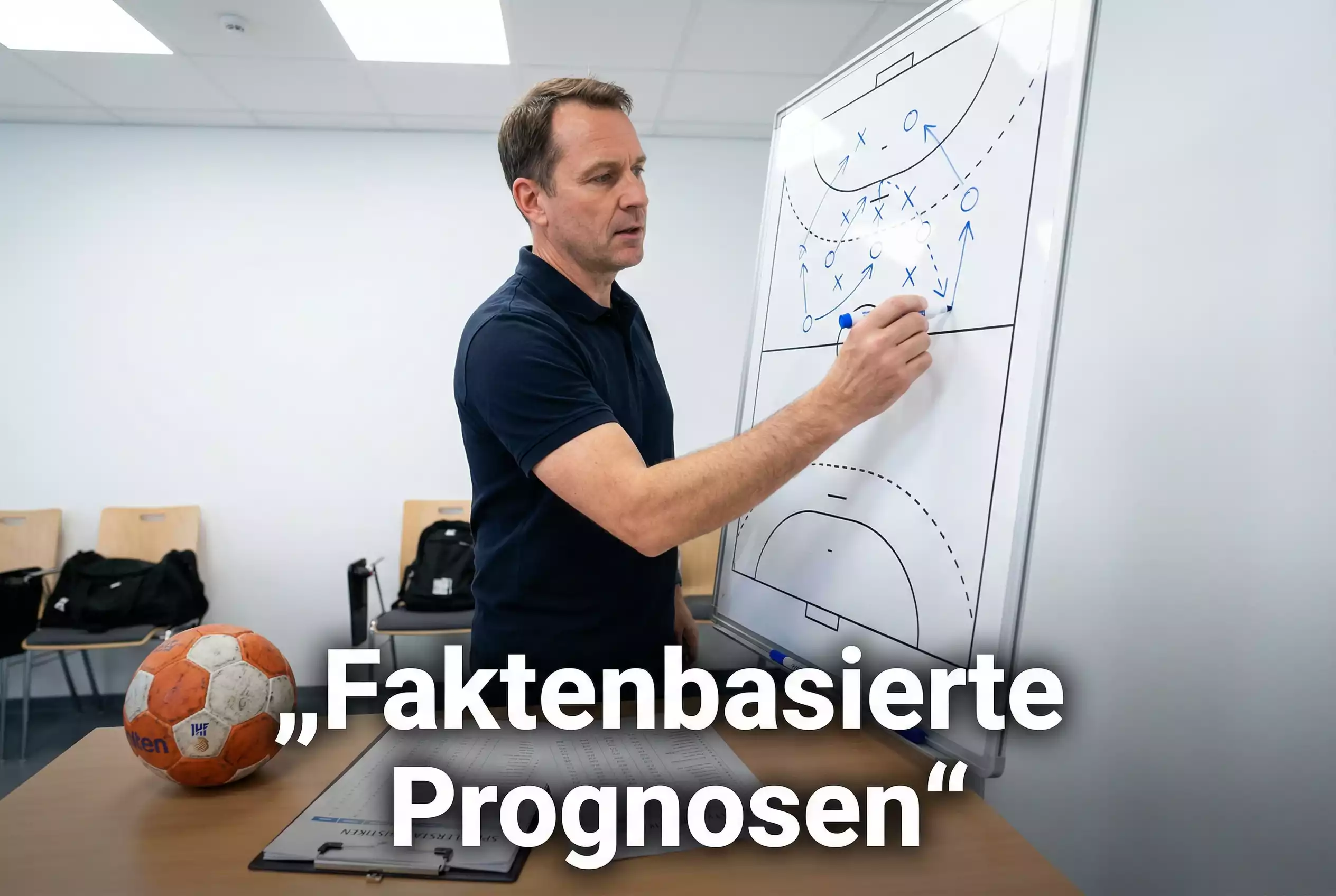 Handball Bundesliga Prognosen: Trainer analysiert Spielzüge auf einer Taktiktafel