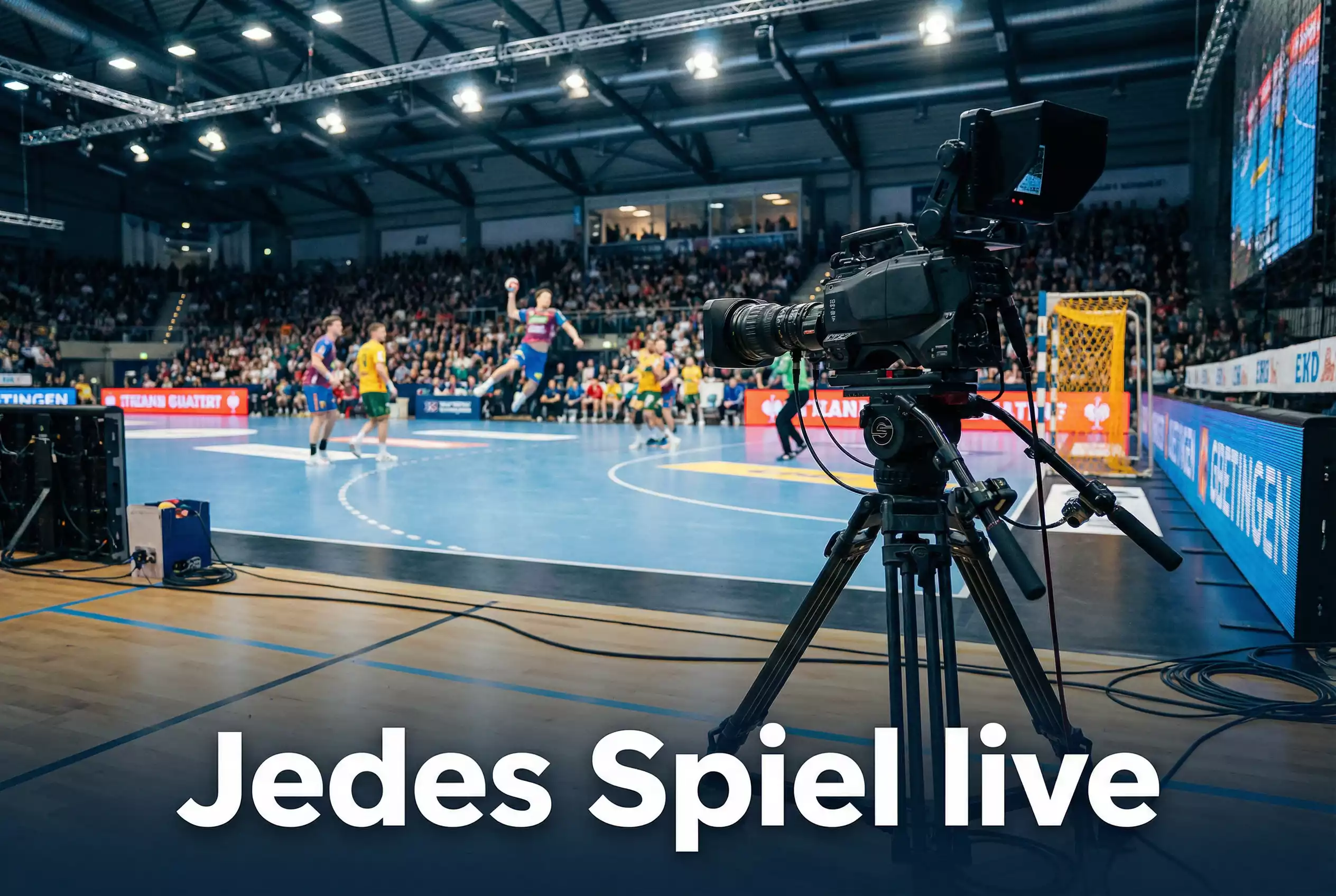 Handball Bundesliga TV – Fernsehkamera filmt ein Handballspiel in einer beleuchteten Arena