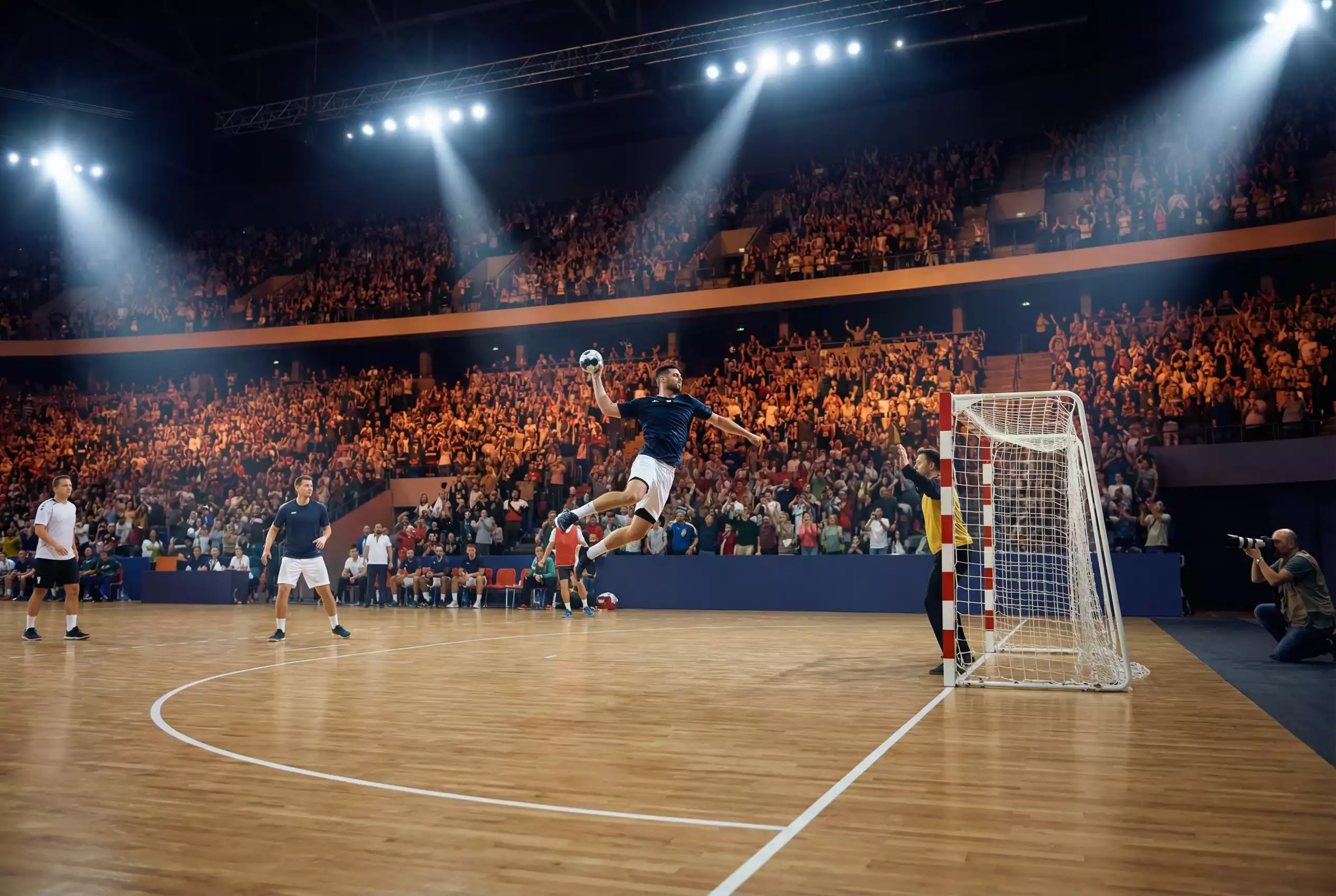 Handball Bundesliga Wett Tipps — Spielszene in einer ausverkauften Arena mit dramatischer Beleuchtung