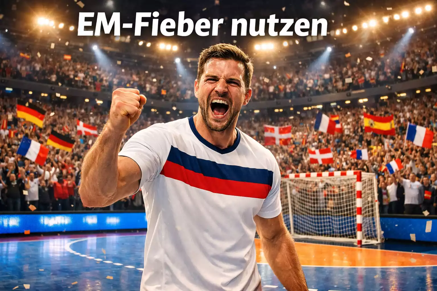 Handball EM Wett Tipps – Nationalspieler im Trikot jubelt vor internationaler Kulisse in einer großen Arena