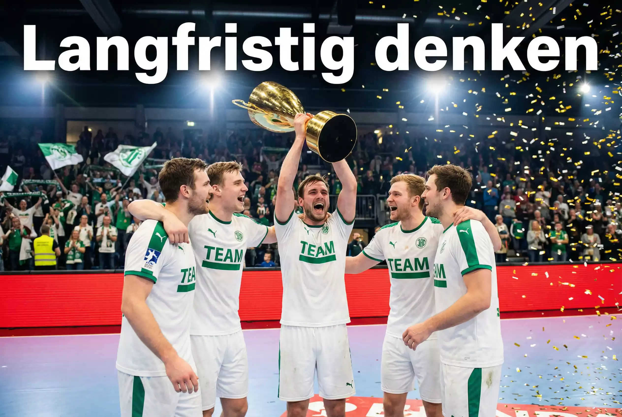Handball Langzeitwetten – Mannschaft feiert Meistertitel mit Pokal in der Halle
