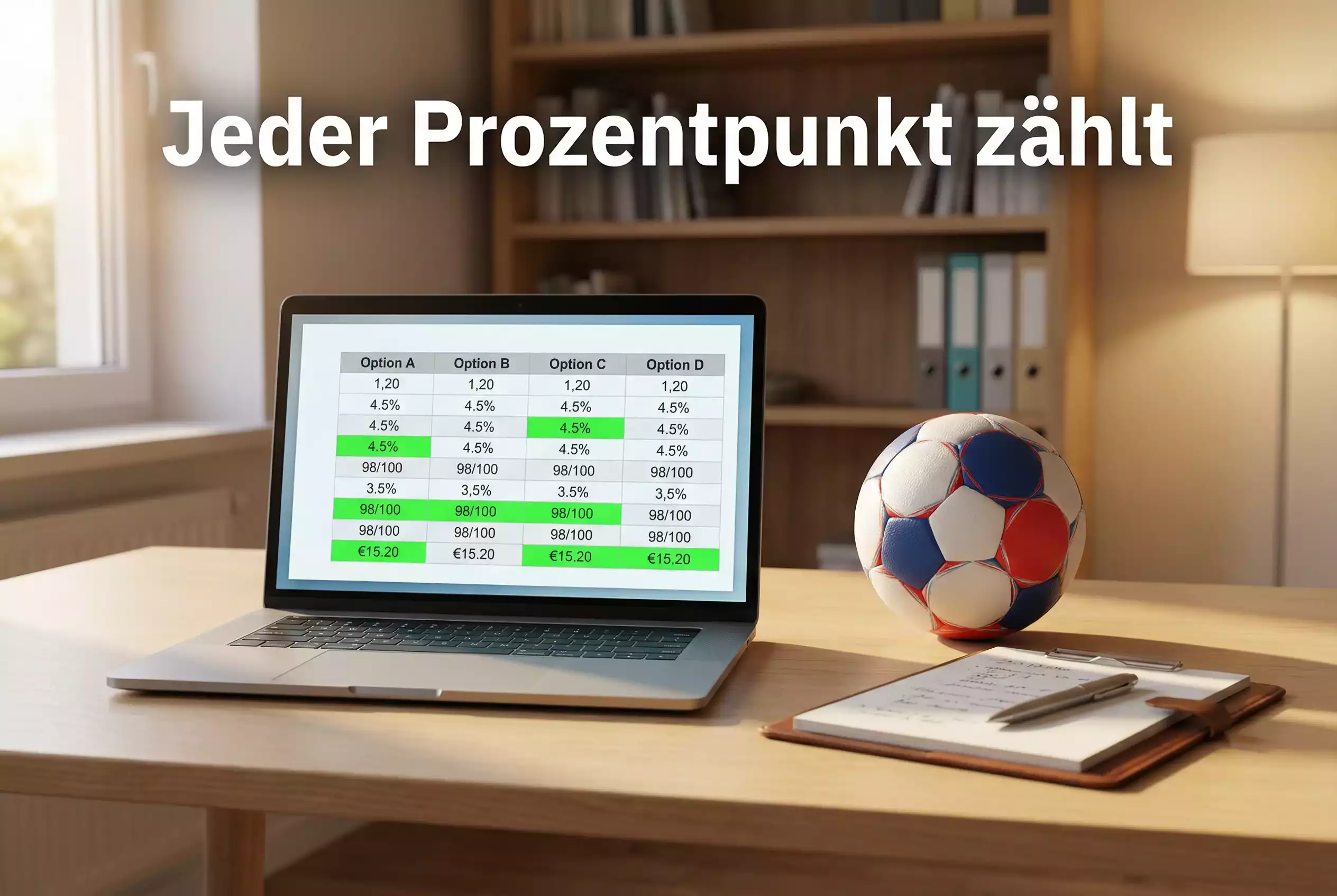 Handball Quotenvergleich – Laptop mit geöffneter Vergleichstabelle neben einem Handball auf dem Schreibtisch