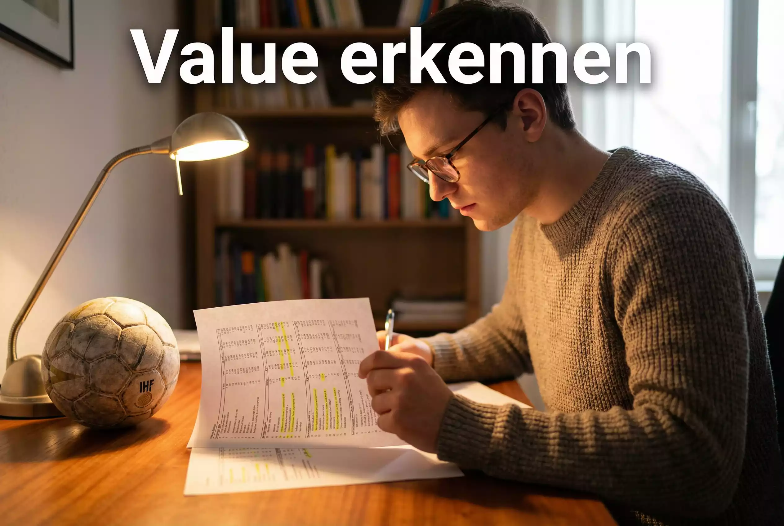 Handball Value Bets – Person analysiert Wettquoten auf einem Dokument mit Handball im Hintergrund