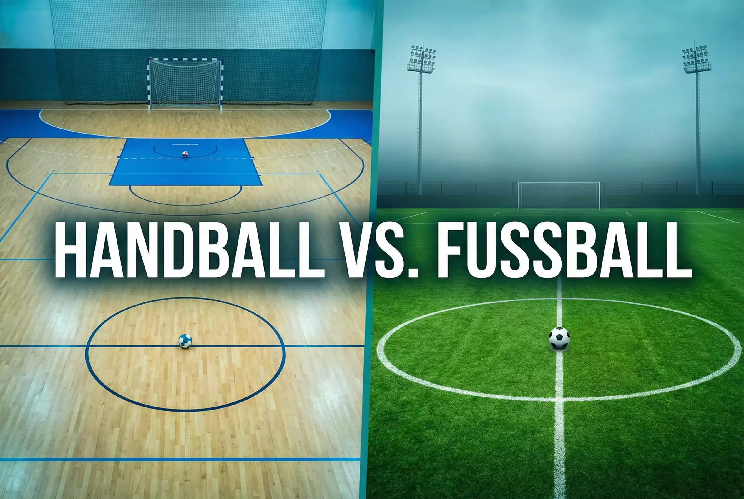 Handball vs. Fußball – Handball und Fußball nebeneinander auf einer geteilten Spielfläche