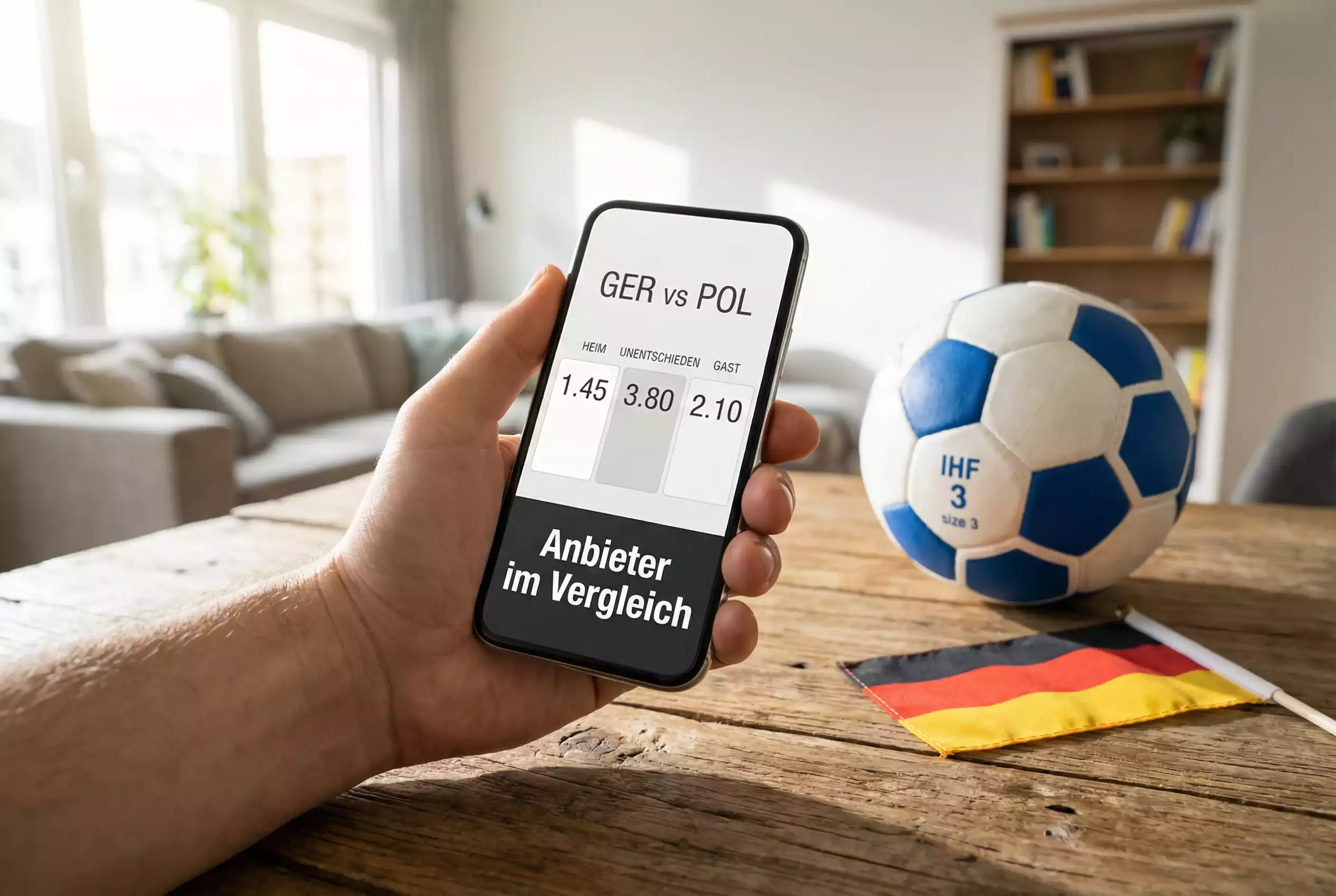 Handball-Wettanbieter Vergleich: Smartphone mit Wettquoten neben einem Handball