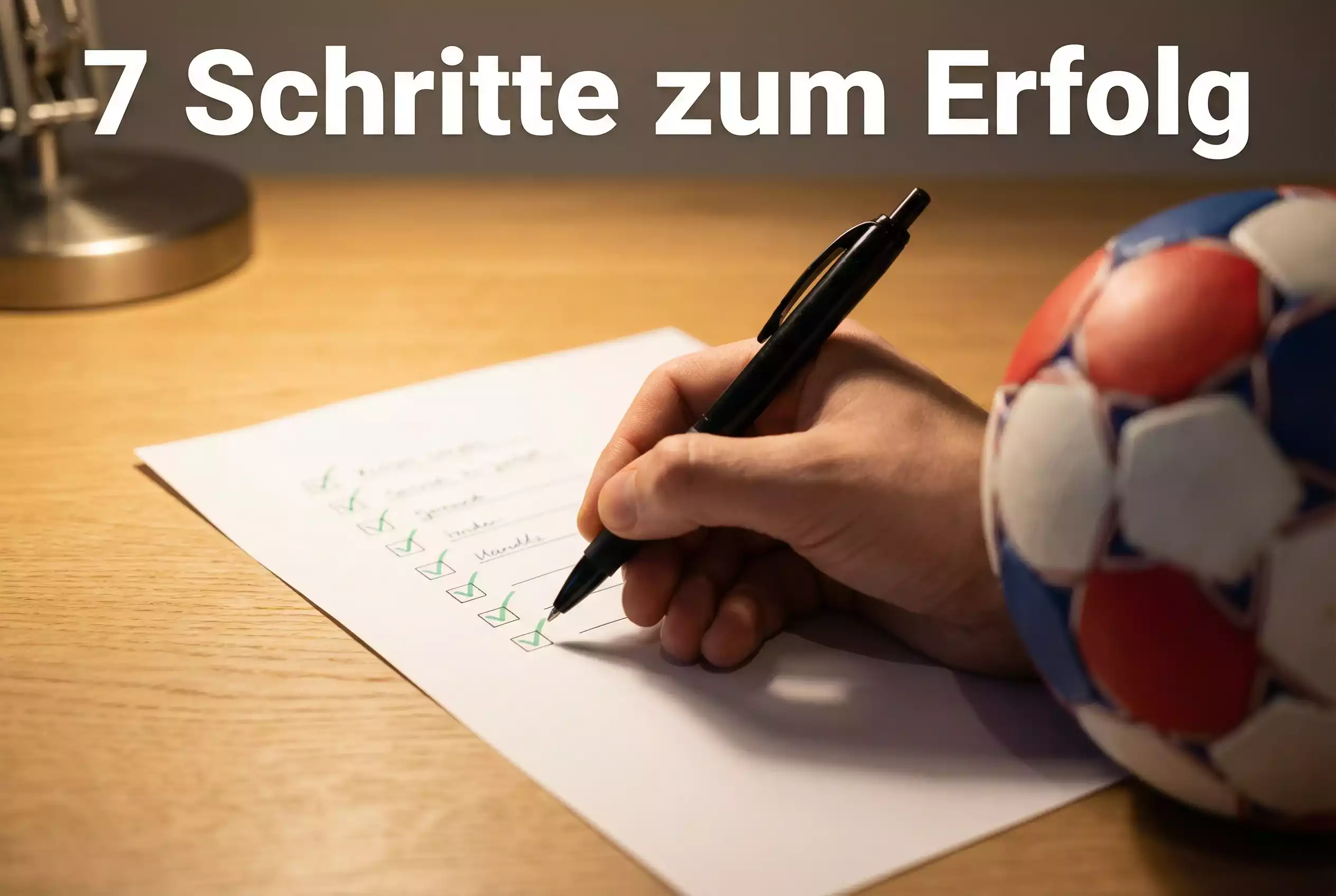 Handball Wetten Checkliste – Hand setzt einen Haken auf einer handgeschriebenen Liste neben einem Handball