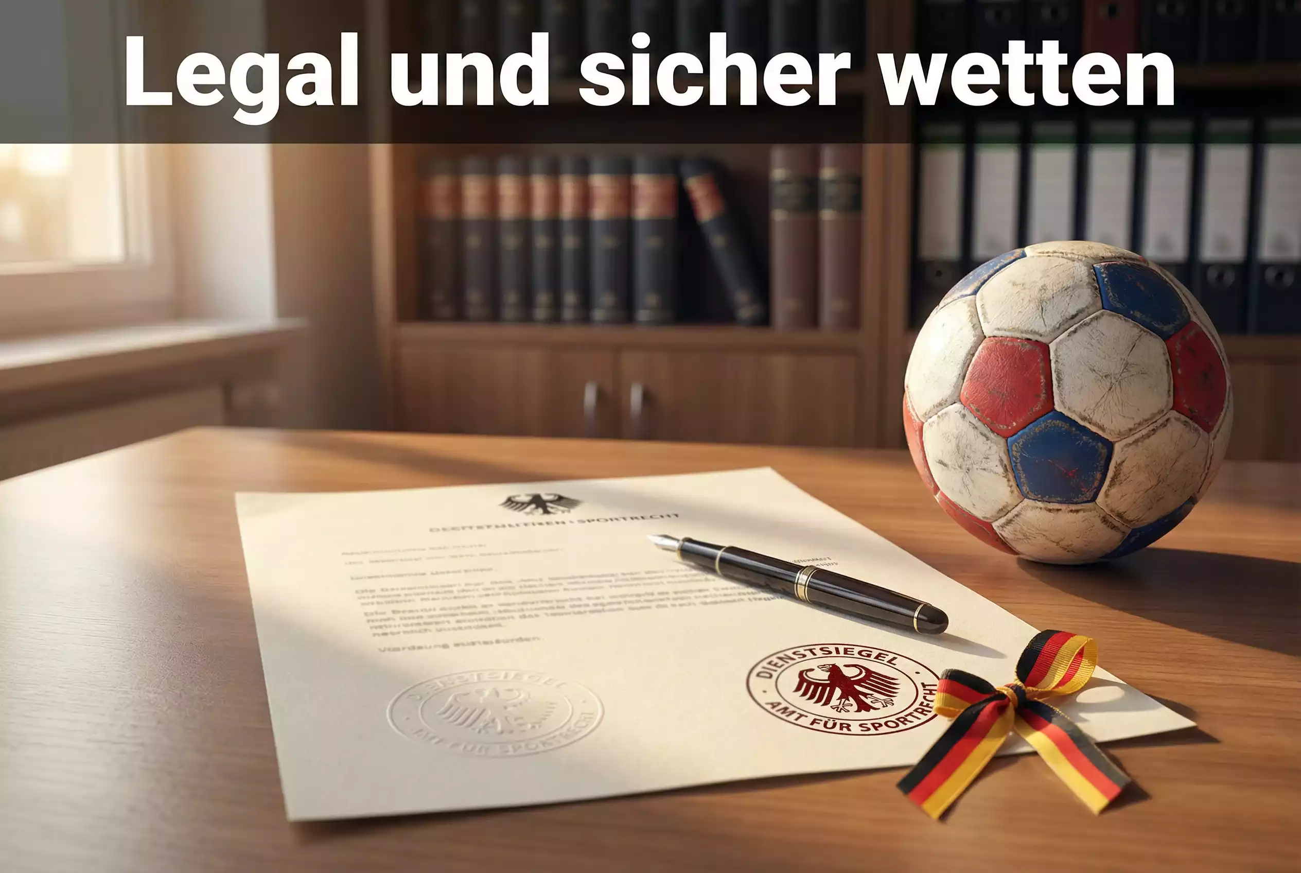 Handball Wetten legal – Dokument mit Stempel und deutscher Flagge auf einem Schreibtisch