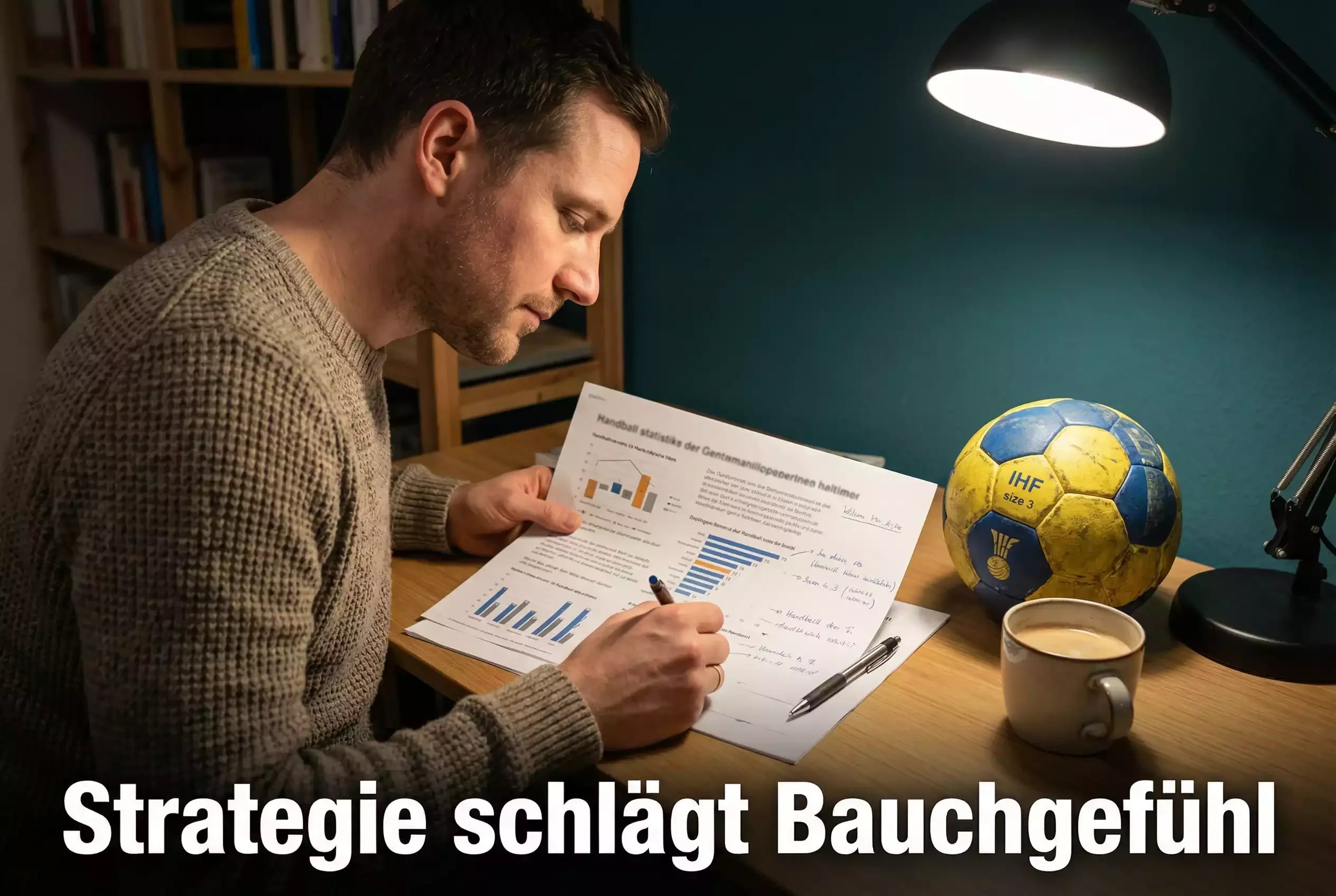 Handball-Wettstrategie: Notizbuch mit Analyse neben einem Handball auf dem Tisch