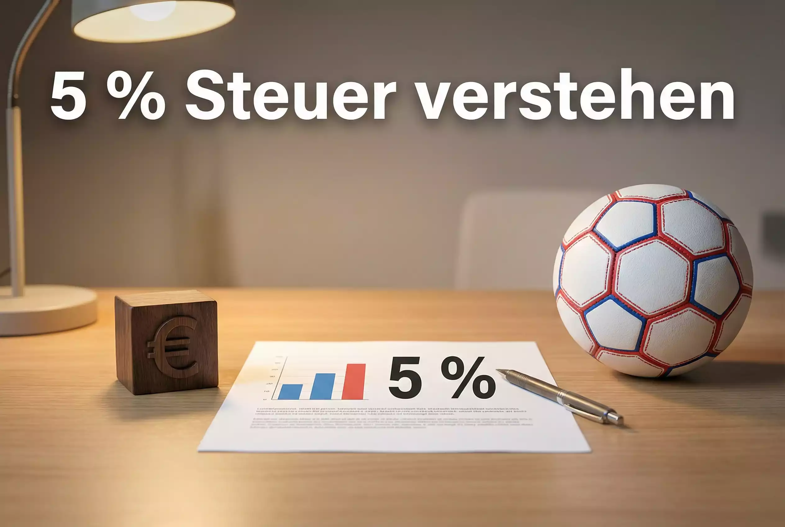 Sportwettsteuer – Dokument mit Prozentzeichen und €-Symbol neben einem Handball auf dem Schreibtisch